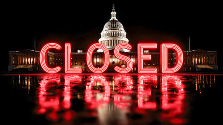 A glowing red neon "closed" sign casts its reflection on a shiny surface before the iconic us Capitol at night, symbolizing halted activity and restricted access.の写真素材