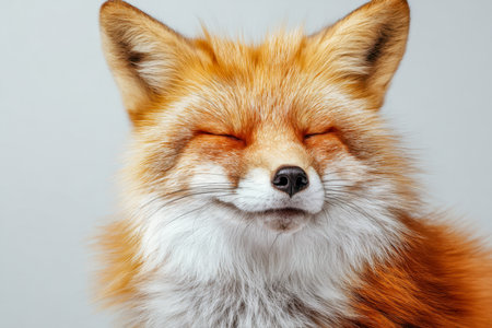 A serene red fox with its eyes closed gently and its thick, soft fur on display, radiating calmness against a simple, pale backdrop in a vertical format.の写真素材
