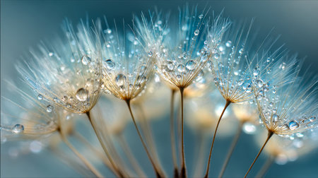 Ethereal dandelion puff adorned with glistening droplets, emitting a gentle glow amid a dreamy azure backdrop in a captivating natural macro shotの写真素材