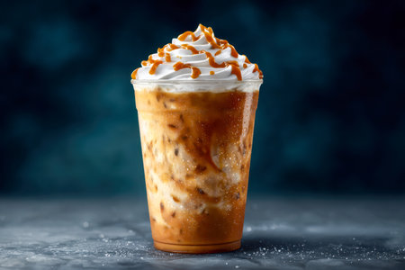 A chilled caramel latte adorned with fluffy whipped cream and rich caramel drizzle, served in a transparent cup over a reflective icy surface, set against a deep bluの写真素材