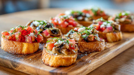 Vibrant slices of toasted bread topped with juicy tomatoes, earthy mushrooms, fragrant herbs, and melted cheese, arranged invitingly on a textured wooden surface.の写真素材