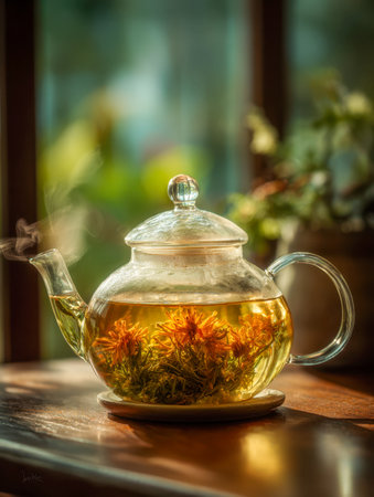 A delicate glass teapot showcases vibrant herbal tea adorned with blooming orange blossoms, softly steaming as warm sunlight filters through a inviting, cozy space.の写真素材