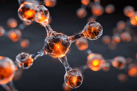 A vivid digital scene featuring luminous molecular shapes with bright orange centers, interconnected by clear, angular frameworks against a deep, shadows-filled backdrop.の写真素材