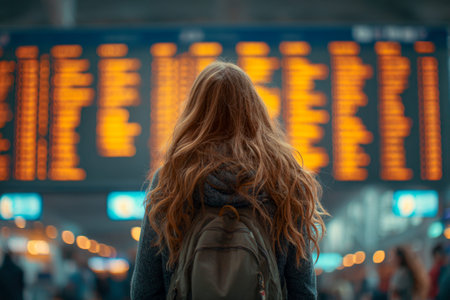 A traveler with flowing hair and a backpack pauses amidst bustling crowds, studying the glowing...