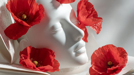A tranquil white sculpture of a human visage harmonizes with bold crimson poppies and fragile book pages, forming a calming, poetic visual narrative.の写真素材