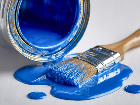 A vibrant blue paint cascades from a metallic vessel, with a rustic wooden brush immersed in the shiny pool, creating a dynamic scene ideal for creative crafting orの写真素材