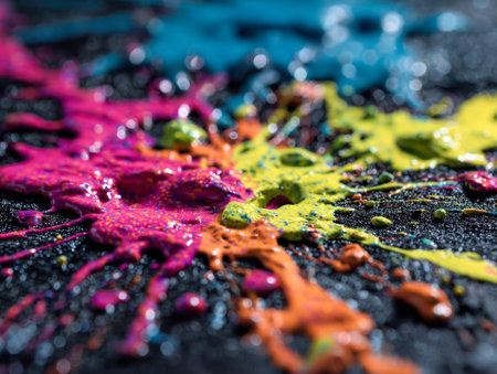 An energetic explosion of vivid paint hues bursts across a rough black backdrop, with shimmering...