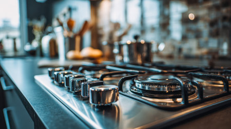 A sleek stainless steel cooktop with precision control knobs graces a contemporary kitchen, complemented by softly glowing ambient lighting and a blurred backdrop of utenの写真素材