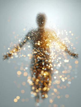 A luminous, invisible form radiates energy amid shimmering gold and silver flecks, evoking a dreamy, celestial essence set against a gentle, muted backdrop.の写真素材