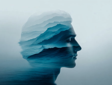 A tranquil silhouette blends seamlessly with flowing ocean currents and foggy mountain ranges, evoking introspection, calmness, and harmony with nature.の写真素材