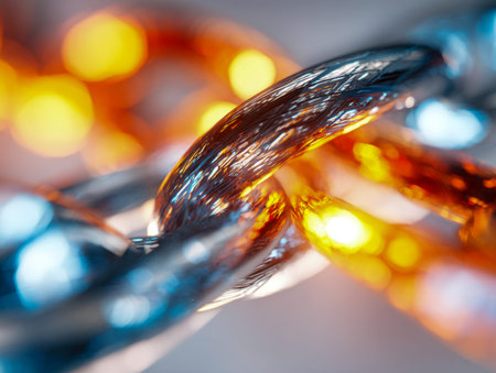 A close-up of shiny metal chains intertwined, catching vivid orange and yellow hues that produce a...
