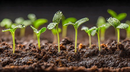 Delicate sprouts emerge from fertile earth, glistening with morning dew, representing vitality,...
