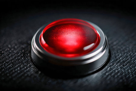 A close-up of a glowing crimson switch with a textured grip and shiny metal edge, set against a...