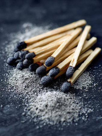A collection of charred matchsticks and fine gray ash rests on a rugged dark background, evoking...