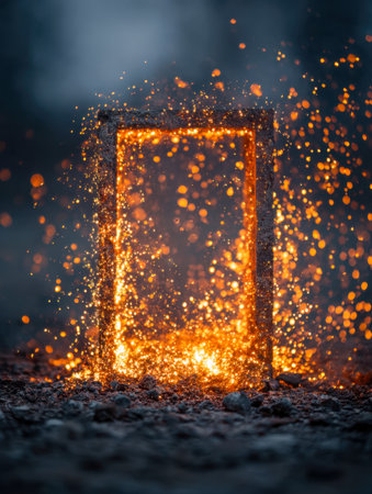 Vibrant sparks ignite fiercely within a rectangular border, casting a warm glow on scattered embers that light up the dark, smoky surroundings with fiery energy.の写真素材