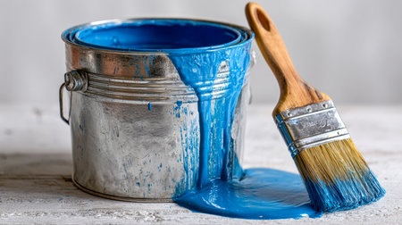 A gleaming silver container brimming with lively azure liquid, accompanied by a wooden-handled tool coated in matching hues, set against a bright, minimal backdrop.の写真素材
