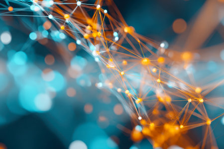 Vibrant luminous points linked by intricate lines form a complex web, illustrating seamless digital exchange and connectivity against a soft blue haze.の写真素材