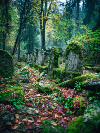 Weathered stones cloaked in moss rest amidst vibrant fall foliage and verdant growth, evoking serenity and a sense of enduring quiet in a secluded woodland setting.の写真素材