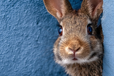 A charming brown rabbit with sparkly eyes cautiously observes from behind a rugged blue surface, its delicate fur softly illuminated in a captivating close-up shot.の写真素材