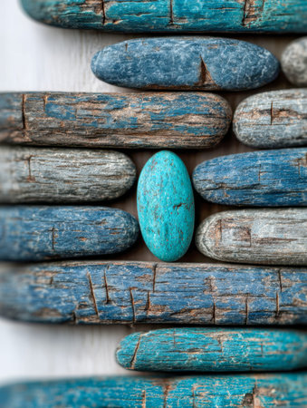 A collection of aged blue timber fragments and a solitary turquoise gem come together in a rustic...