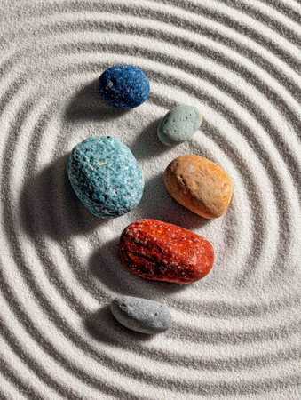 Vibrant stones carefully placed on smooth white sand, radiating out in harmonious spirals that inspire serenity and mindfulness in a tranquil setting.の写真素材