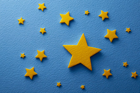 Bright, shimmering stars with tactile surfaces scatter across a deep blue background, forming an...