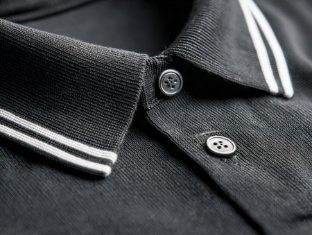 A close-up of a sleek black polo with crisp white accents, showing precise stitching, textured...