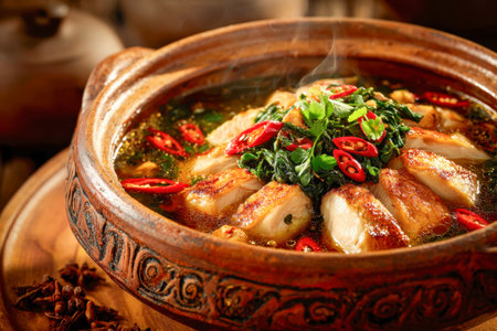 A rustic clay vessel brimming with simmering broth, tender grilled fish slices, fragrant herbs, and fiery red chilies evoke authentic Asian culinary warmth and vibraの写真素材