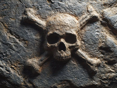 A weathered stone carving reveals a timeless warning symbol, illuminated by intense lighting that highlights its rugged surface and historic craftsmanship.の写真素材
