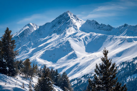 Towering frosted summits rise against a crisp azure sky, while lush evergreen trees anchor a tranquil winter scene filled with natural beauty and peace.の写真素材