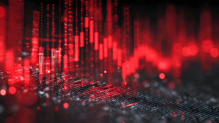 A vibrant red incandescent chart with dynamic spikes illustrates market volatility amidst a sleek, futuristic backdrop of illuminated data streams and blurred digitaの写真素材