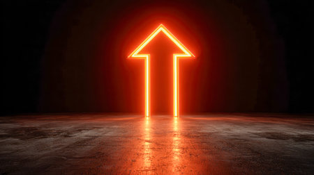 A luminous neon arrow casts a vivid glow on a rough concrete surface, its upward orientation...