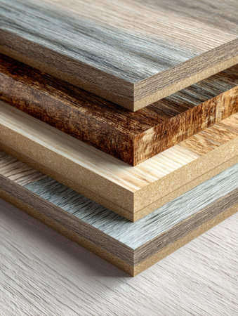 A selection of laminated wood samples displaying diverse grain patterns and hues, arranged on a pale...