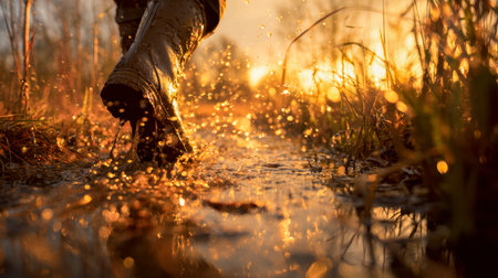 Dawn's soft glow bathes a rustic trail as sturdy boots kick up muddy water, droplets shimmering in golden light amid lush grass and vibrant foliage.の写真素材