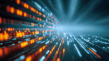 Accelerating streams of luminous orange and blue digits create a sense of rapid data transfer, converging into a radiant focal point, evoking advanced digital innovaの写真素材