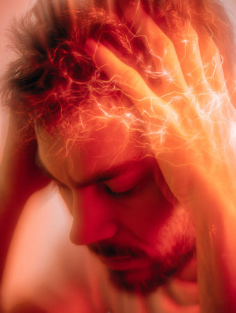 A young man grimaces in distress, clutching his head as vibrant electric patterns surge around him,...