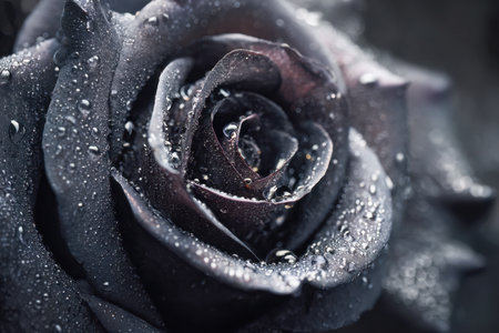 An enchanting close-up of a deep violet bloom adorned with gentle droplets, emphasizing elaborate petal textures against a softly blurred, moody backdrop.の写真素材