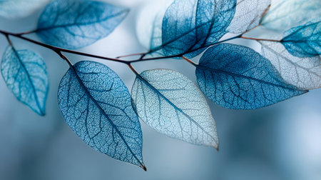 Delicately crafted blue leaves with transparent textures and fine veins adorn slender branches, set against a muted, cool-toned backdrop that exudes elegance and serの写真素材