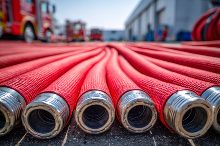 Vibrant red hoses are meticulously arranged along the pavement's edge, with emergency vehicles softly blurring in the sunlit backdrop, capturing readiness and safety.の写真素材