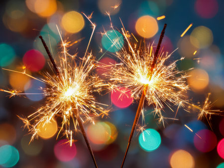 Bright sparklers emit warm, fiery glows amid a backdrop of vivid, multicolored bokeh lights, creating an energetic and cheerful scene perfect for celebrating special momeの写真素材