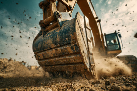 Steel claws grip moist earth, tossing rich soil into the air beneath a vibrant blue sky, capturing...