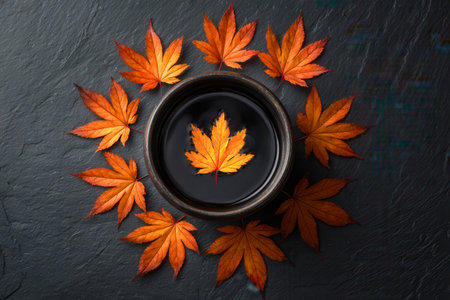 A striking fall-inspired arrangement with fiery orange maple leaves forming a circle around a deep-hued bowl, showcasing a leaf mid-air on textured black slate.の写真素材