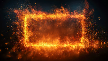An intense rectangle outlined in blazing orange flames and splattering sparks, set against a shadowy backdrop, evoking a sense of power and destruction.の写真素材