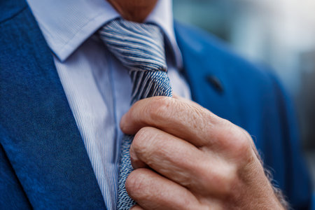 A confident individual fine-tunes his multicolored tie, dressed in a crisp blue blazer and pastel shirt, capturing a poised moment in a corporate environment.の写真素材