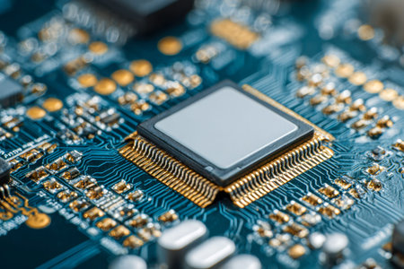 A detailed close-up reveals a sleek microchip threaded into a vibrant blue circuit board, adorned...