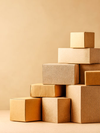 A visually appealing arrangement of assorted cardboard boxes in different dimensions, set against a neutral beige backdrop, ideal for illustrating shipping and logisの写真素材