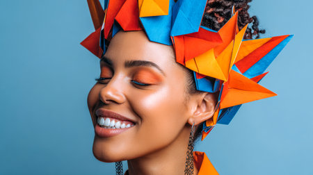 A joyful woman with vivid makeup gazes serene, adorned with a playful crown of colorful origami folded art, set against a calming blue backdrop.の写真素材