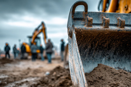 A weathered excavator scoop brimming with soil, captured in clear detail, while anxious construction crews and equipment fade into the misty, overcast backdrop at a bustlの写真素材