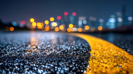 A shimmering wet street with a bright yellow stripe weaving through a cityscape, illuminated by gentle nocturnal lights and a softly blurred urban backdrop.の写真素材