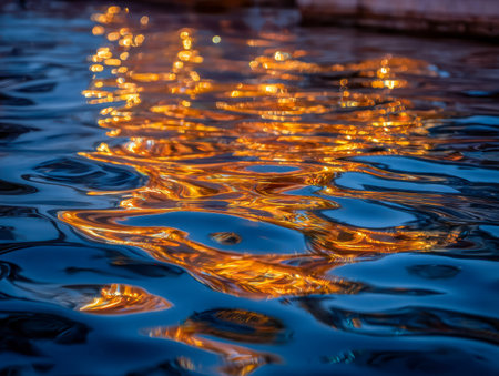 Serene twilight scene showcasing luminous gold hues dancing across rich indigo waves, forming intricate, fluid designs that evoke calm and mesmerizing movement.の写真素材